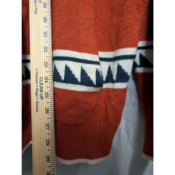 American Eagle Mens Large Rust Orange Aztec Knit Hoodie Sweater Blue White *FLAW - Picture 4 of 7
